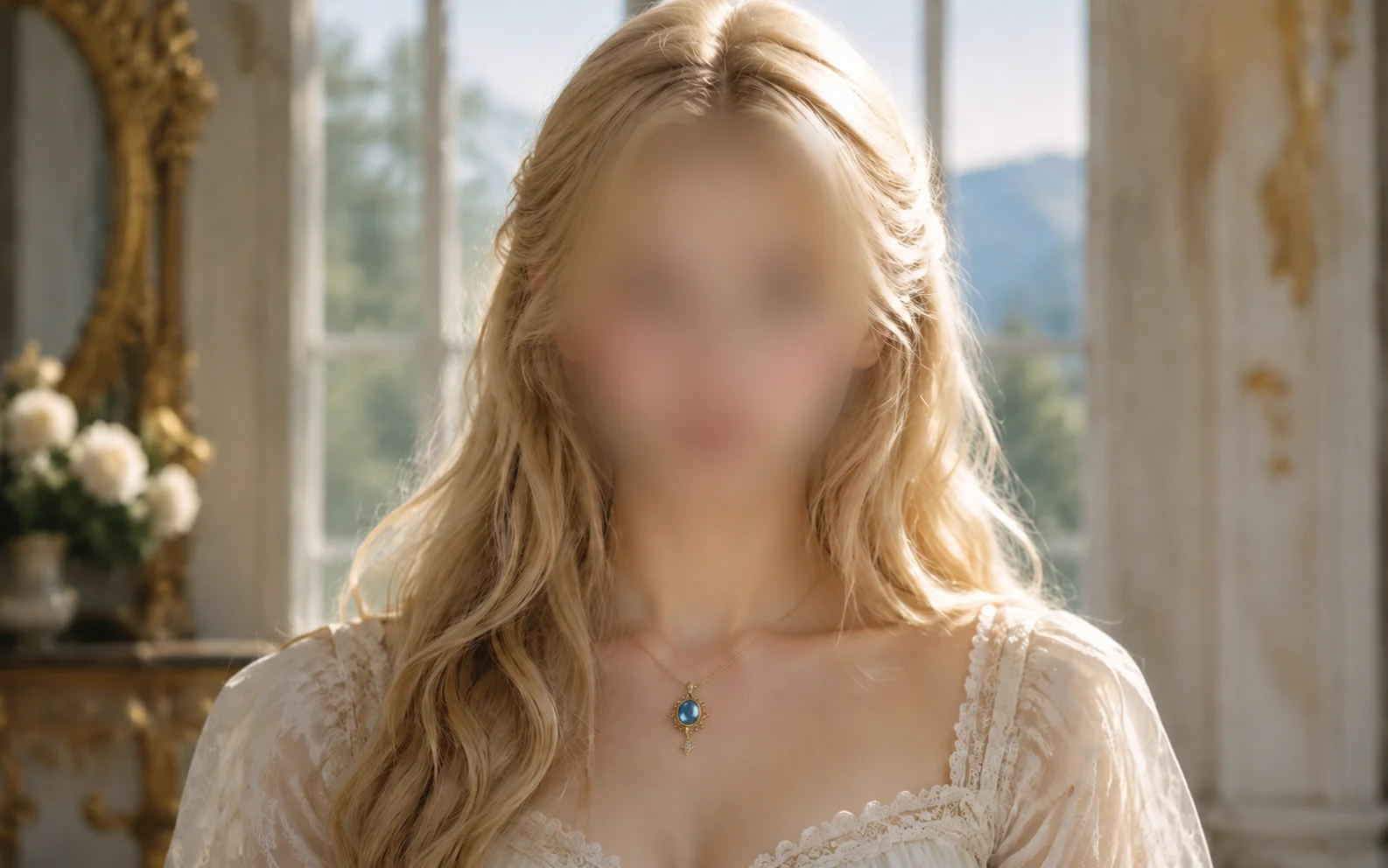 Blonde woman portrait before and after face blurring overlay